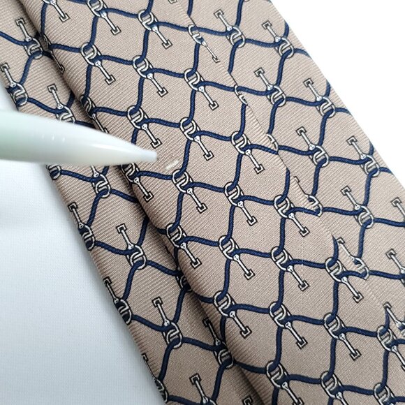 Yves Saint Laurent YSL 100% Silk Tie Equestrian Horse Bit Taupe Brown Navy Blue - Picture 5 of 6